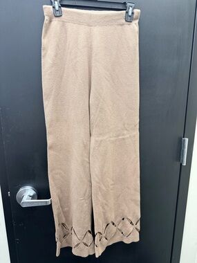 Kittenish Beige Knit Wide-Leg Pants with Cutout Hem